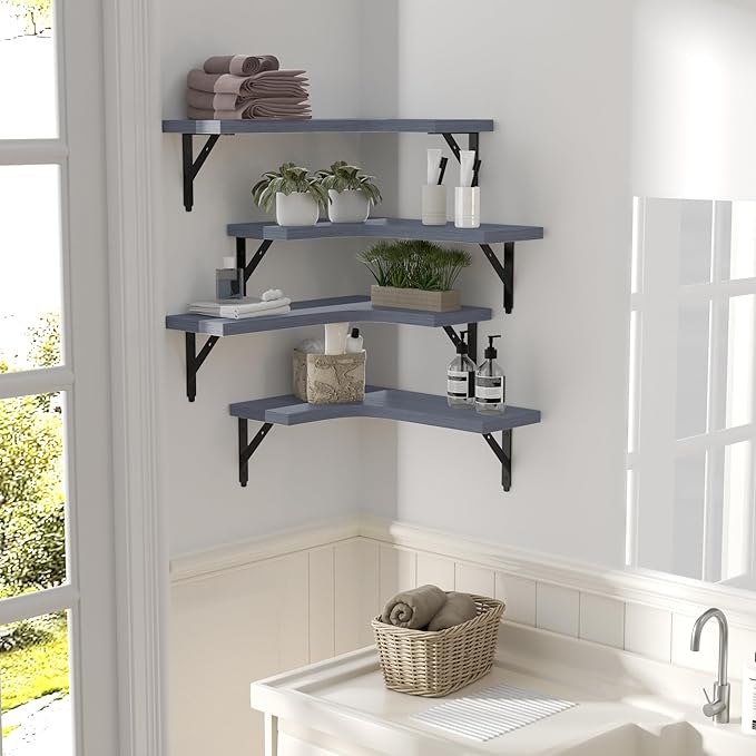 ROMGUAR CRAFT Corner Floating Shelves Wall Mounted Set of 4, Rustic Wood Storage Display Shelves for Home Decor, Bathroom, Kitchen, Bedroom, Living Room, Office (Grey)
