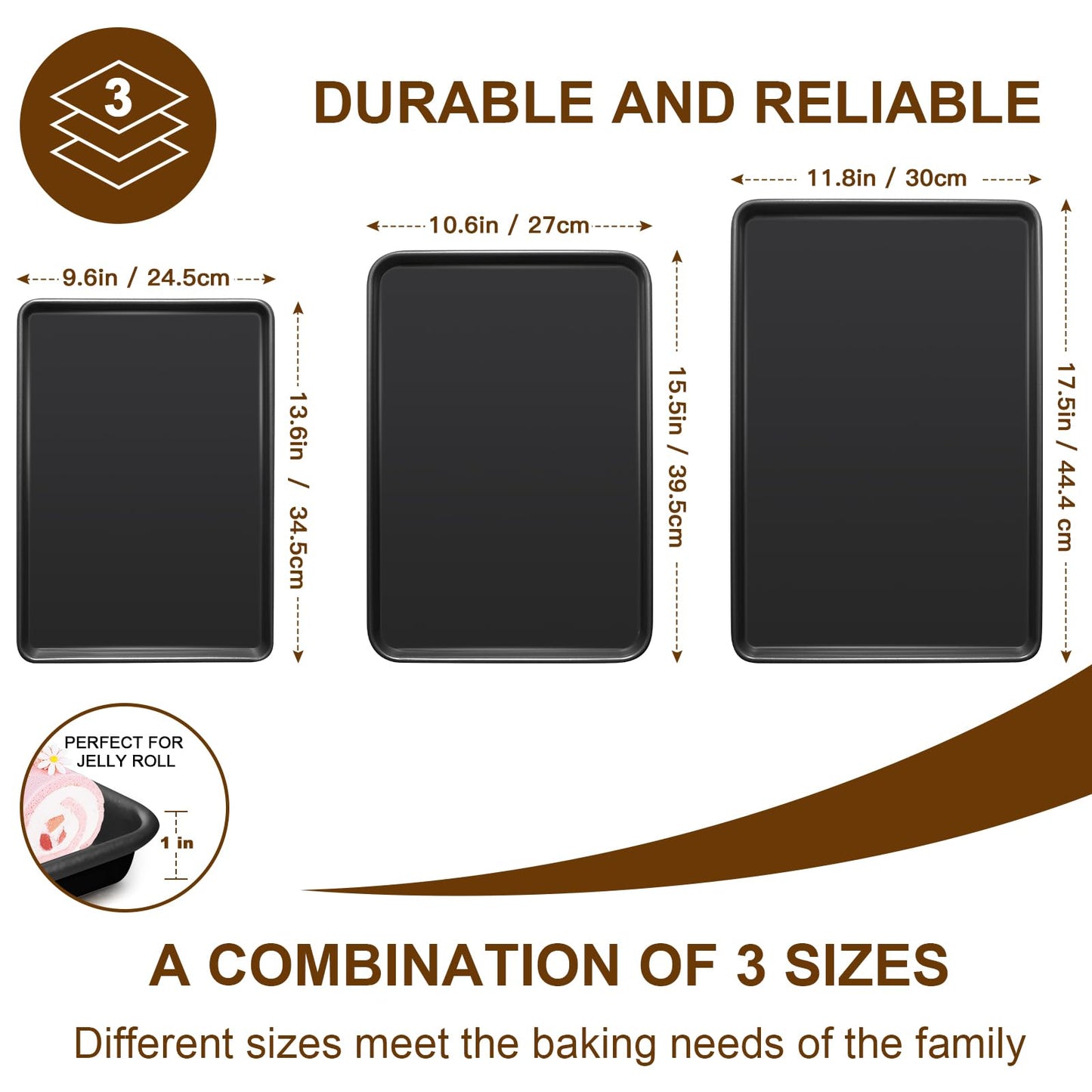 Baking Sheet Pan Set of 3, Commercial Cookie Sheets for Baking, Nonstick Half/Quarter/Jelly Roll Pans Replacement Toaster Oven Tray, Heavy Duty & Easy Clean, Dark Black