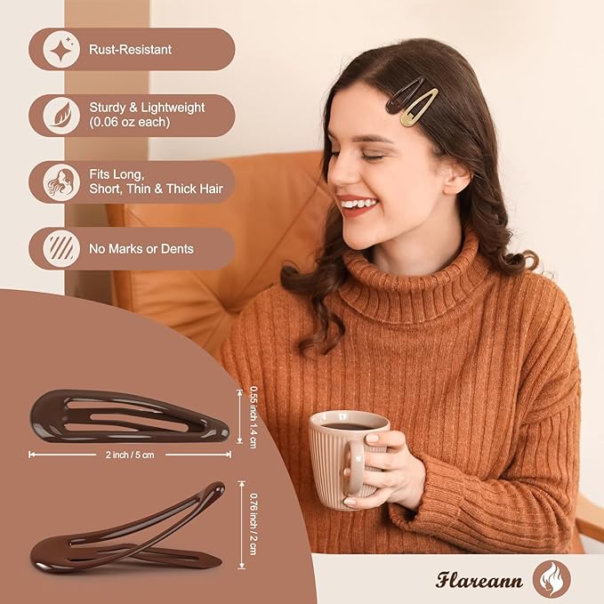 Neutral Shades Glossy Snap Hair Clips - 50 PCS 2 Inch Non-Slip Metal Hair Barrettes for Women in Beige, Black, Brown, Light Brown & Grey - Minimalist Hair Accessories