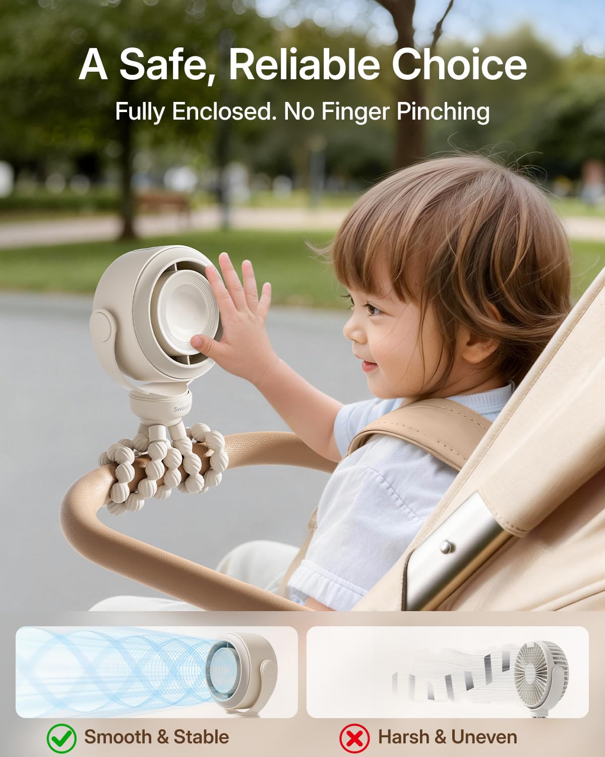 SWEETFULL Portable Stroller Fan, Pinch-Proof Baby Fan, 10H Battery, 5-Speed Quiet Mini Clip on Fan, USB-C Rechargeable with LED Display for Car Seat, Crib & Travel - Cream