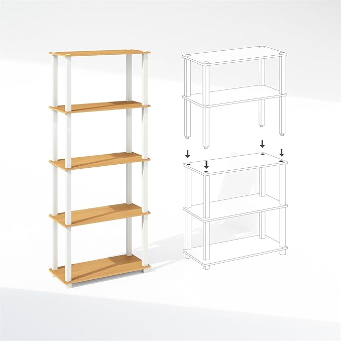 Furinno Turn-S-Tube Storage Shelves Set of 2, 3-Tier Book Shelf, Corner Shelf, Toolless Open Shelves, Square Tubes, for Organization and Storage, Living Room, Garage, Home Office, Beech