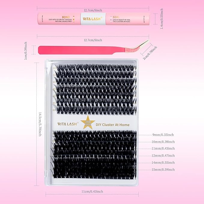 RITALASH Lash Extension Kit 60D+80D DIY Lash Clusters 280pcs Cluster Lashes Individual Lashes Eyelash Extension Kit with Lash Bond and Seal,Lash Tweezers(60D+80D Kit,9-15mm Mixed)