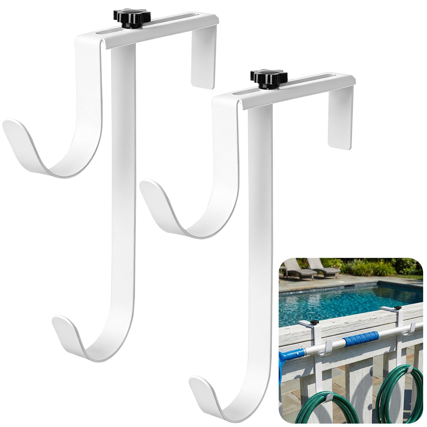 2 Pcs Double Pool Fence Hooks for Pool Equipment, Adjustable Pool Pole Hanger Holder, Rustproof Swimming Pools Skimmer Pole Hooks for Hanging Tool, Hose, Leaf Rakes, Nets Pool-Accessories (White)