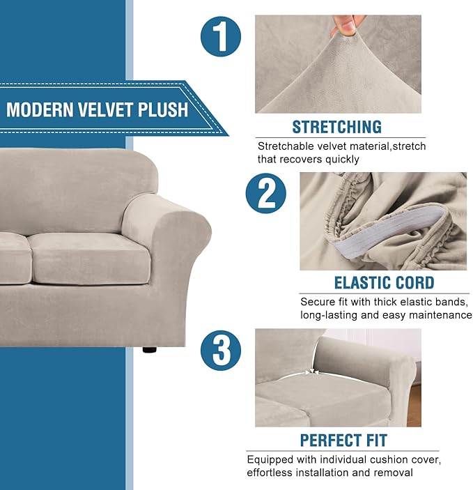 H.VERSAILTEX Real Velvet Plush 3 Piece Stretch Sofa Covers Couch Covers for 2 Cushion Couch Loveseat Covers Width Up to 72 Inch Feature Thick Soft Stay in Place (Medium Sofa, French Oak)
