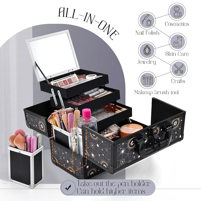 Joligrace Galaxy Printed Makeup Train Case, 3-Tier Makeup Storage Box, Portable Makeup Organizer, Hard Makeup Case with Mirror and Lock, Professional Makeup Case for Women