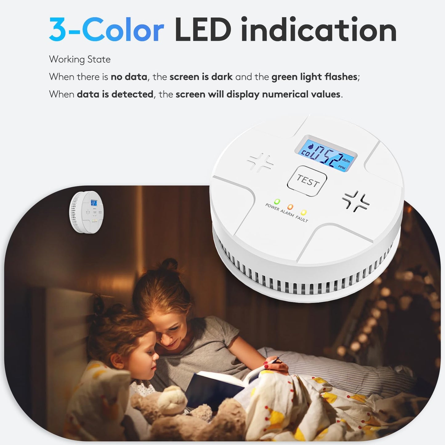 6 Packs,2 in 1 Technology, Smoke,Carbon Monoxide Detector, Co Alarm,85db Alert,LCD Readout,3 Color LED Indication,(Green Light Blinking at Work), with 3 AA Batteries,Easy Install,for Home and Kitchen