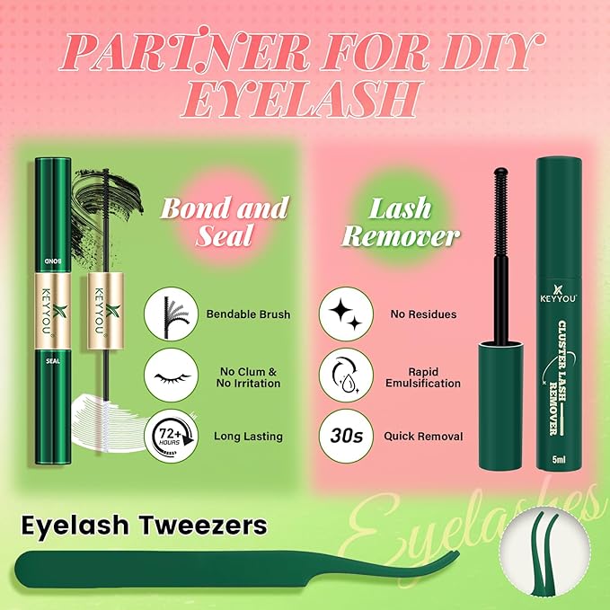 KEYYOU Venus Lash Clusters Kit Fairy Lash Extension Kit C Curl 120Pcs Eyelash Extension Wispy Natural Invisible Band with Waterproof DIY at Home(Venus-C-8-16MIX)