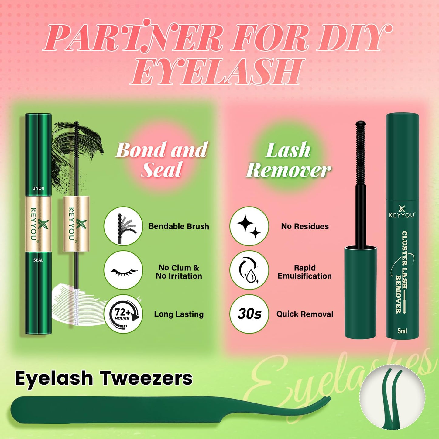 KEYYOU Venus Brown Lash Clusters Kit Fairy Lash Extension Kit C Curl 120Pcs Eyelash Extension Wispy Natural Invisible Band Lash with Waterproof DIY Lash Extension Kit at Home(Venus Brown-C-8-16MIX)