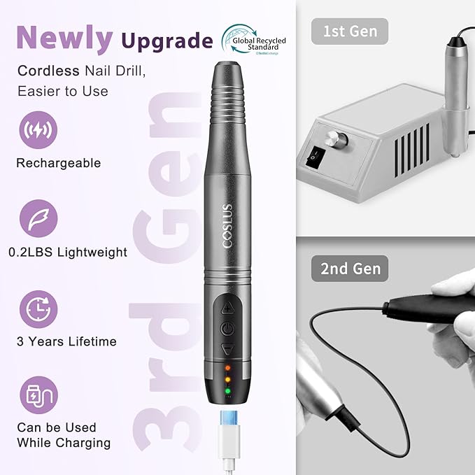 COSLUS C20 Cordless Nail Drill Electric File: Professional for Acrylic Gel Dip Powder Nails Portable Nail Drill Machine Kit for Manicure Pedicure Nail Set with Everything Rechargeable Lightweight