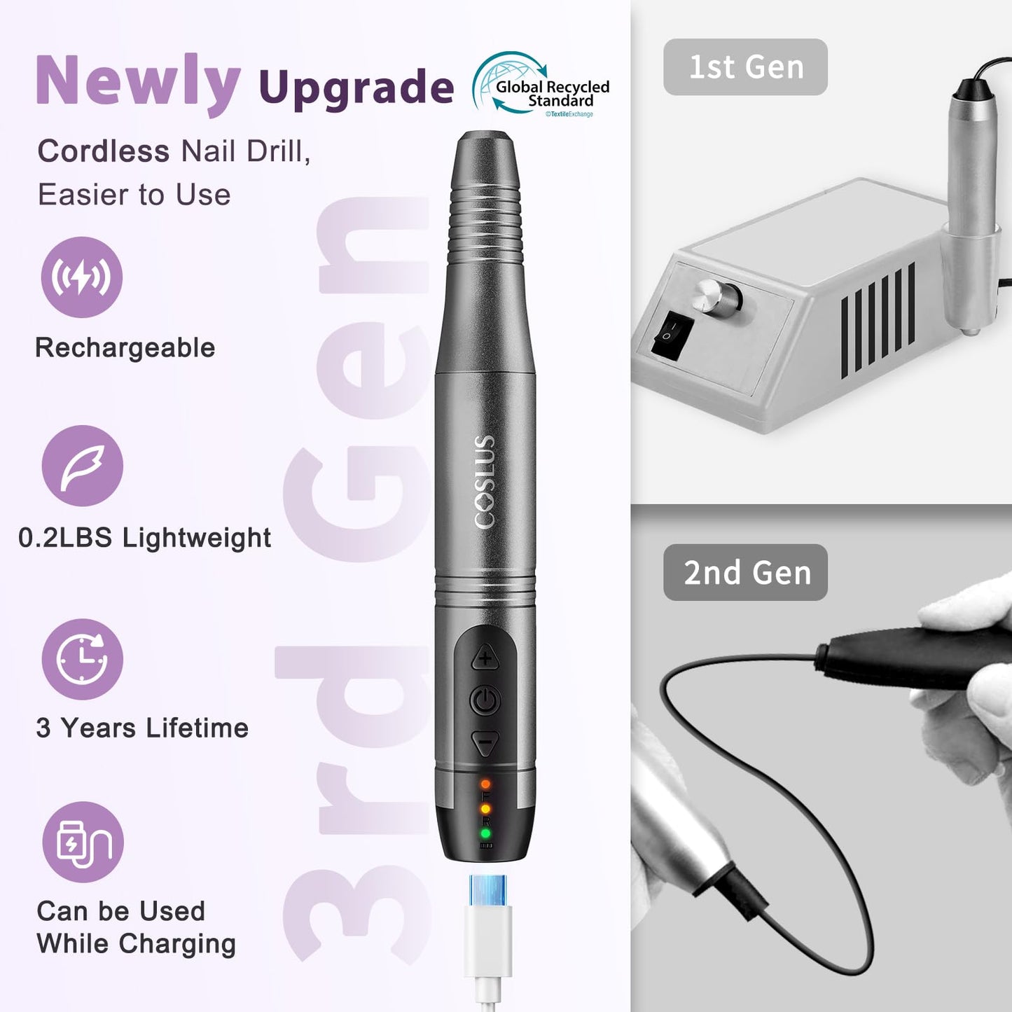 COSLUS C20 Cordless Nail Drill Electric File: Professional for Acrylic Gel Dip Powder Nails Portable Nail Drill Machine Kit for Manicure Pedicure Nail Set with Everything Rechargeable Lightweight
