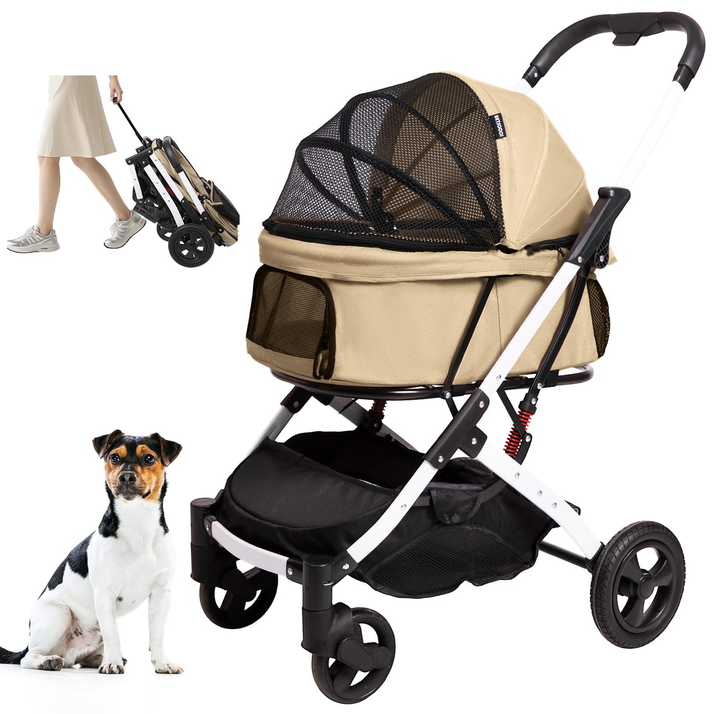 BETSOCCI Pet Stroller for Medium Small Dog & Cat, Foldable Lightweight Dog Stroller with Storage Basket Pet Travel Carriage with Safety Leashes, 4 Wheel, Khaki