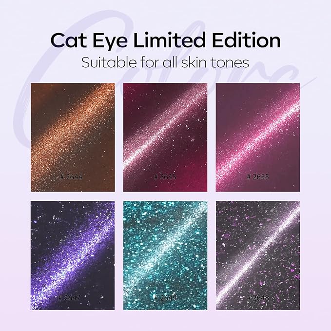 Modelones Cat Eye Gel Nail Polish Set, 6 Colors Coloful Neon Galaxy Champagne Lake Blue Grape Purple Gold Brown Hot Pink 9D Glassy Cat Eye Glitter Gel Polish with Magnet LED Soak Off Manicure Gift