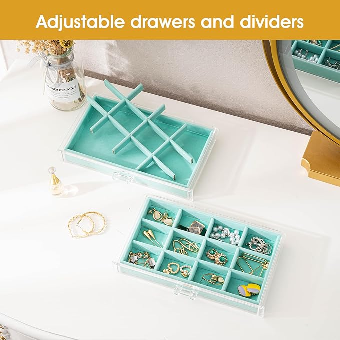 ProCase Earring Holder Organizer Jewelry Box with 8 Drawers, Acrylic Clear Earring Case with Adjustable Velvet Trays for Women - Aqua, 8 Layers