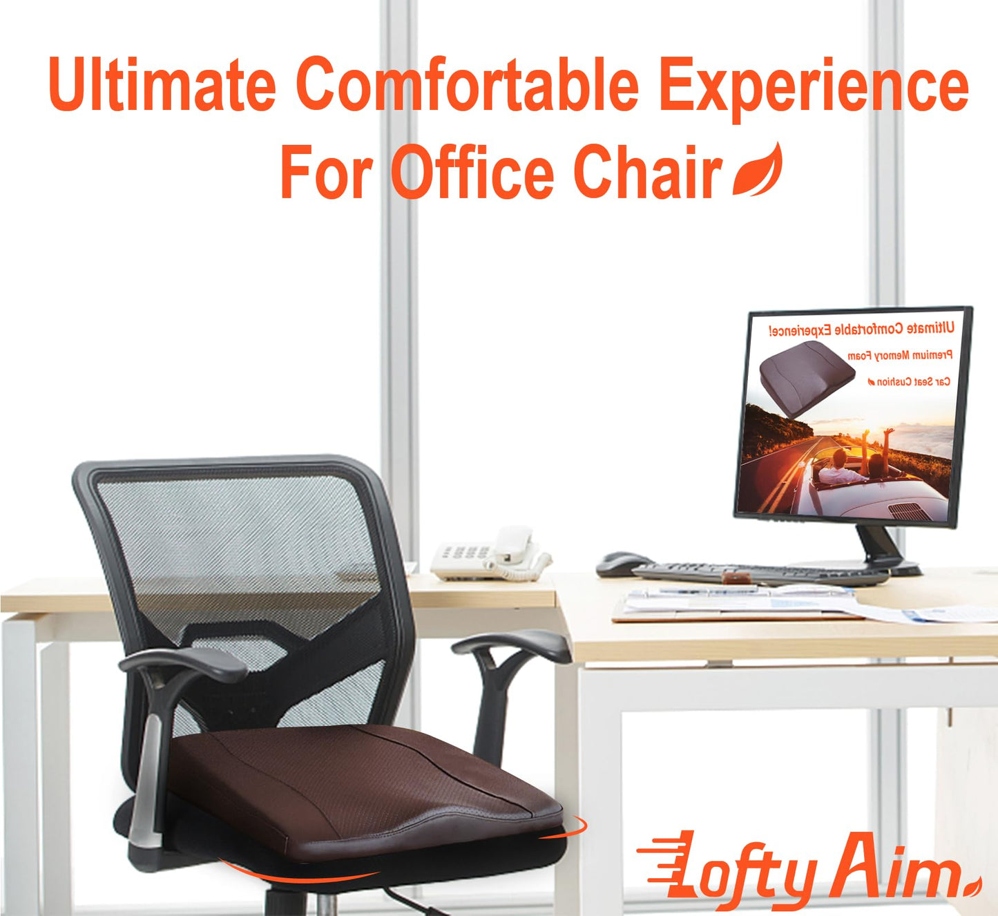 Lofty Aim Car Seat Cushion, Comfort Memory Foam Car Cushions for Driving - Sciatica & Lower Back Pain Relief, Driver Seat Pillow for Auto, Office Chair, Wheelchair - Classic Brown