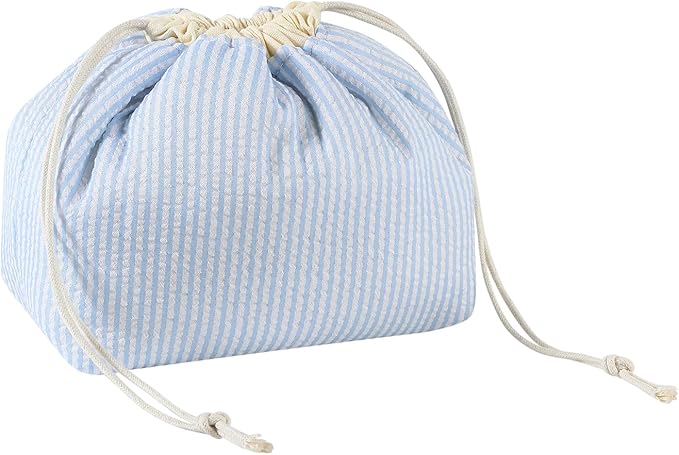 Cotton Quilted Seersucker Makeup Bag with Canvas Lining,Coquette Aesthetic Cute Travel Toiletry Bag,Drawstring Gift Bag for Women and Girls（Seersucker）