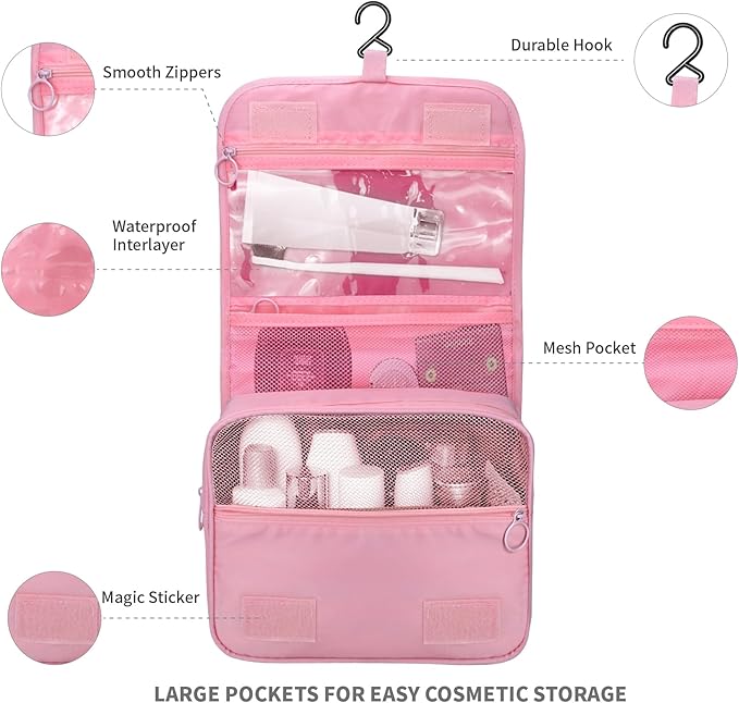 Large Capacity Toiletry Bag Travel Bag with Hanging Hook for Men and Women Waterproof Travel Cosmetic Bag Bathroom Storage Bag for Brushes Set, Full-Sized Shampoo,Accessories(Pink)