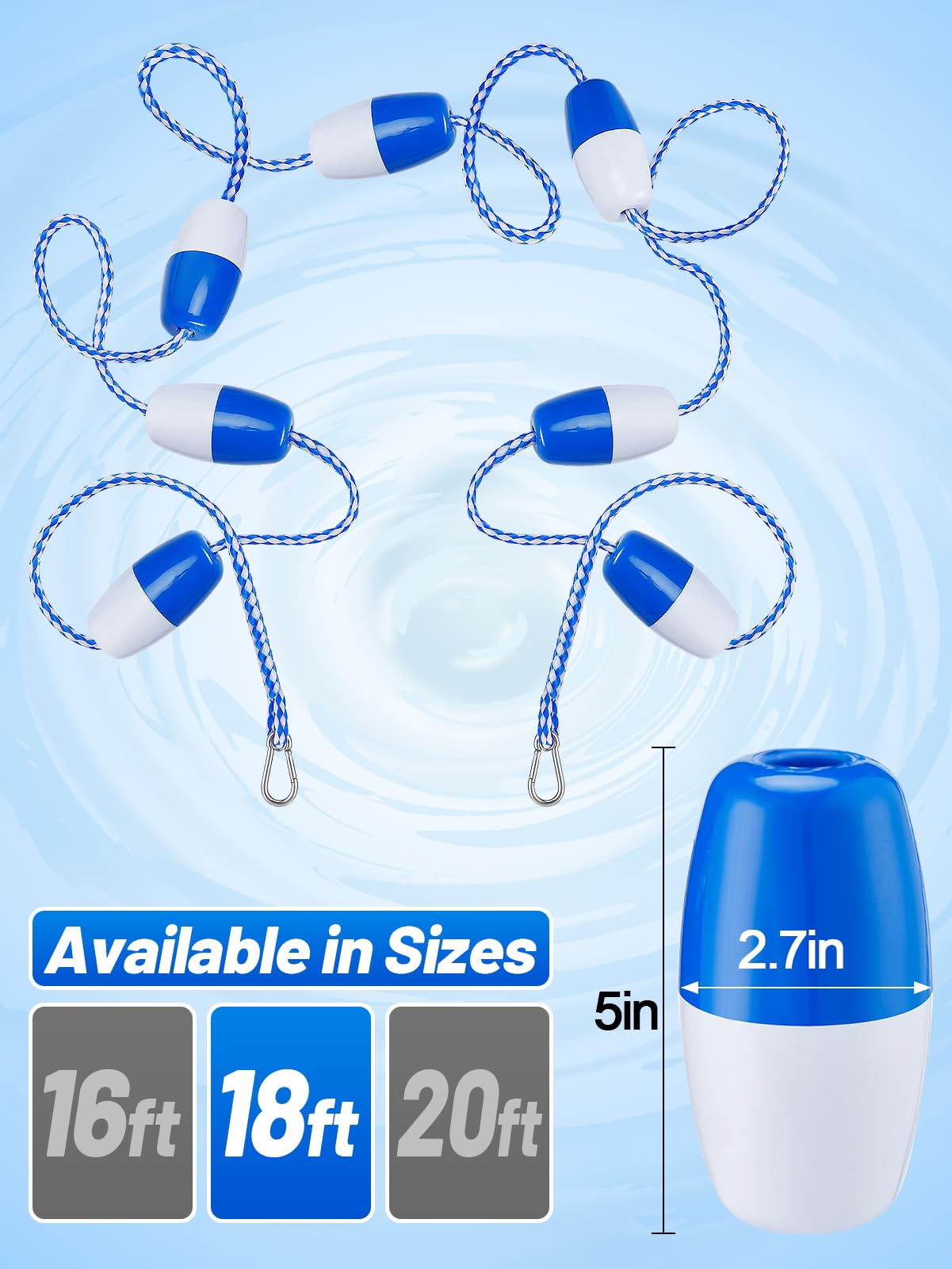 Aulock 18Ft Pool Safety Rope with Floats - Effective Visibility Floating Rope Divider Barrier with Pre-Assembled Stainless Steel Hooks for Indoor and Outdoor Swimming Pool Separating Depth