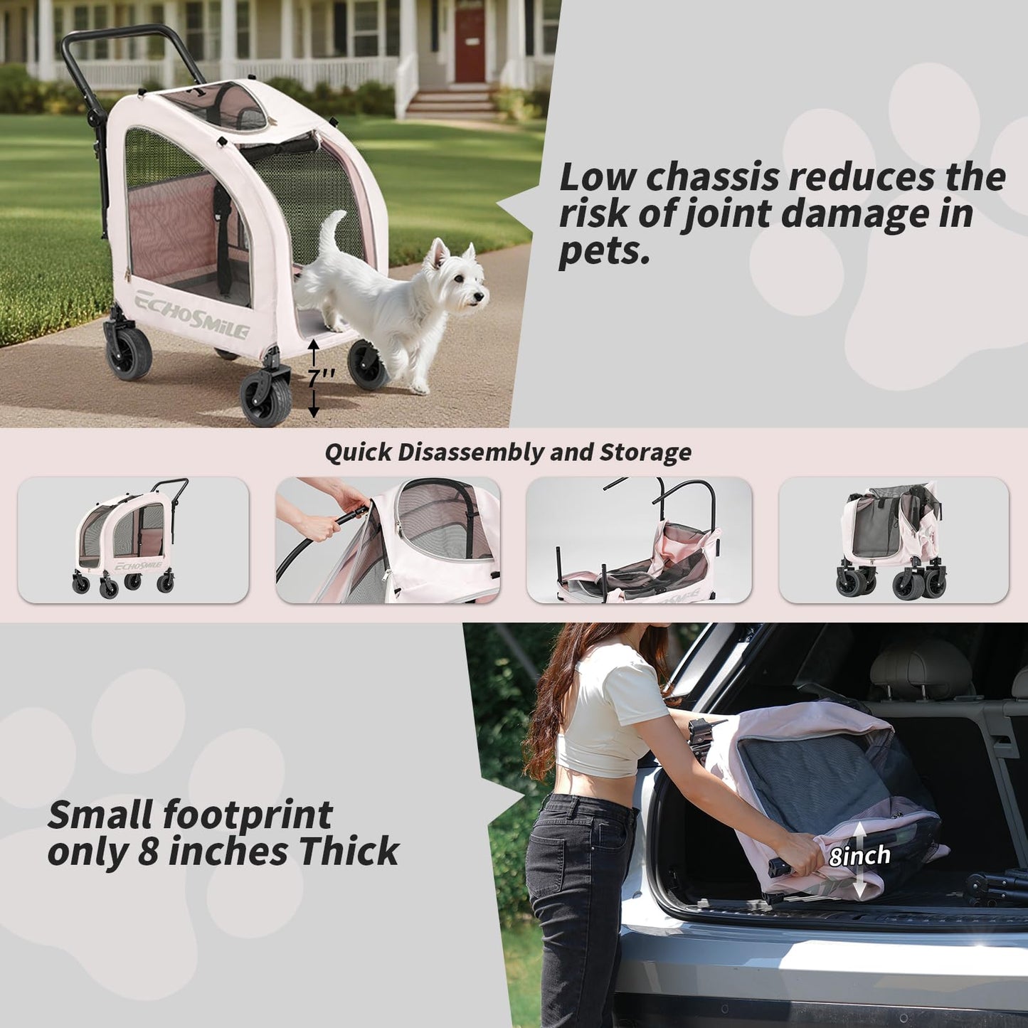 EchoSmile 4 Wheels Pet Stroller, Dog & Cat Stroller for All-Season, Lightweight Carrier with Storage Basket, Adjustable Handle, Removable Pad, Breathable Mesh, Up to 135 lbs, Pink
