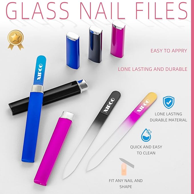 XIPOO Premium Glass Nail Files - 3 Pack with Case, Crystal, Salon Manicure Tool for Natural Nails, Gift for Women and Girls