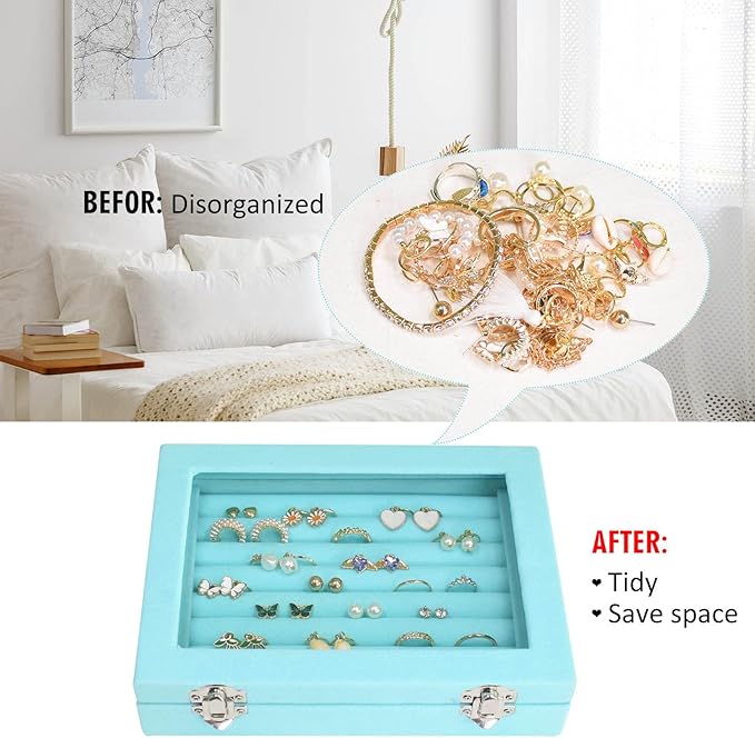 Rings Organizer Tray 7 Slots Velvet Jewelry Earring Storage Box with Transparent lid Jewelry Display Case for Girls Wife Mom Women (Light Blue)