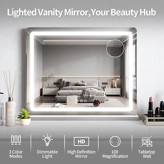 ROLOVE 23x18 Inch Vanity Mirror with Lights, 3-Color Modes, Dimmable LED Mirror with Touch Control - Large Makeup Mirror for Dressing Room (Wall/Tabletop Mount)