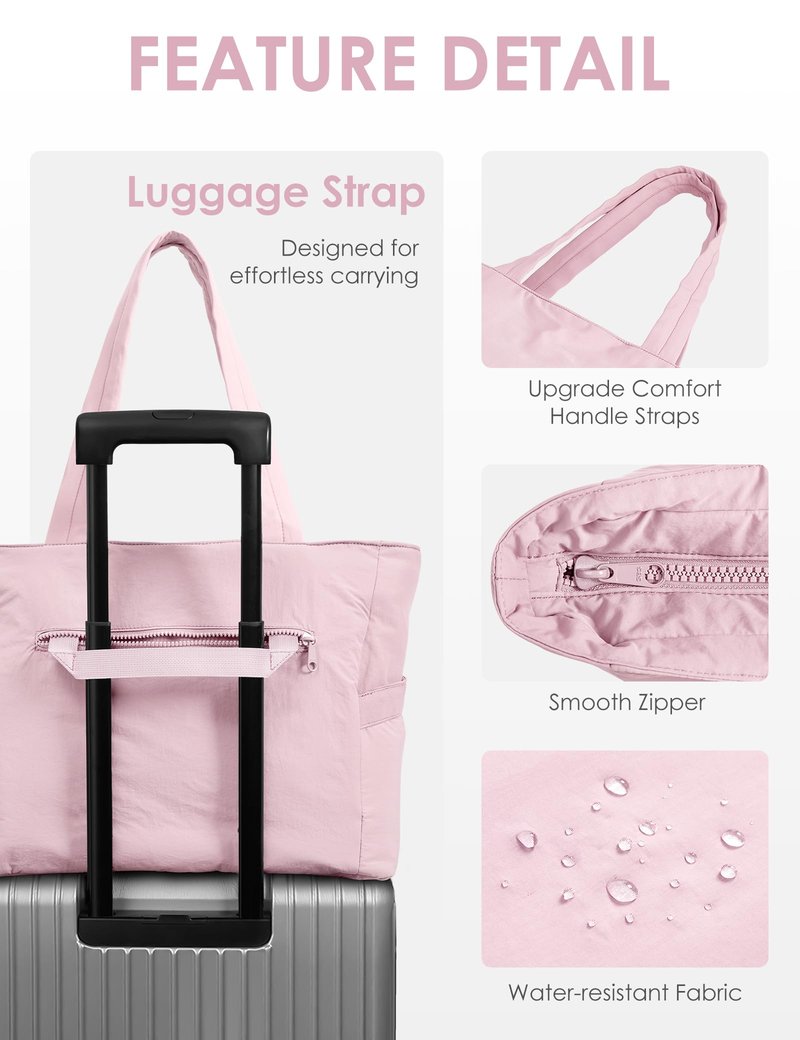 EASYSO Tote Bag for Women,Puffer Travel Tote Bags with Zipper, Quilted Handbag with Compartments for Travel Work Sport, Pink