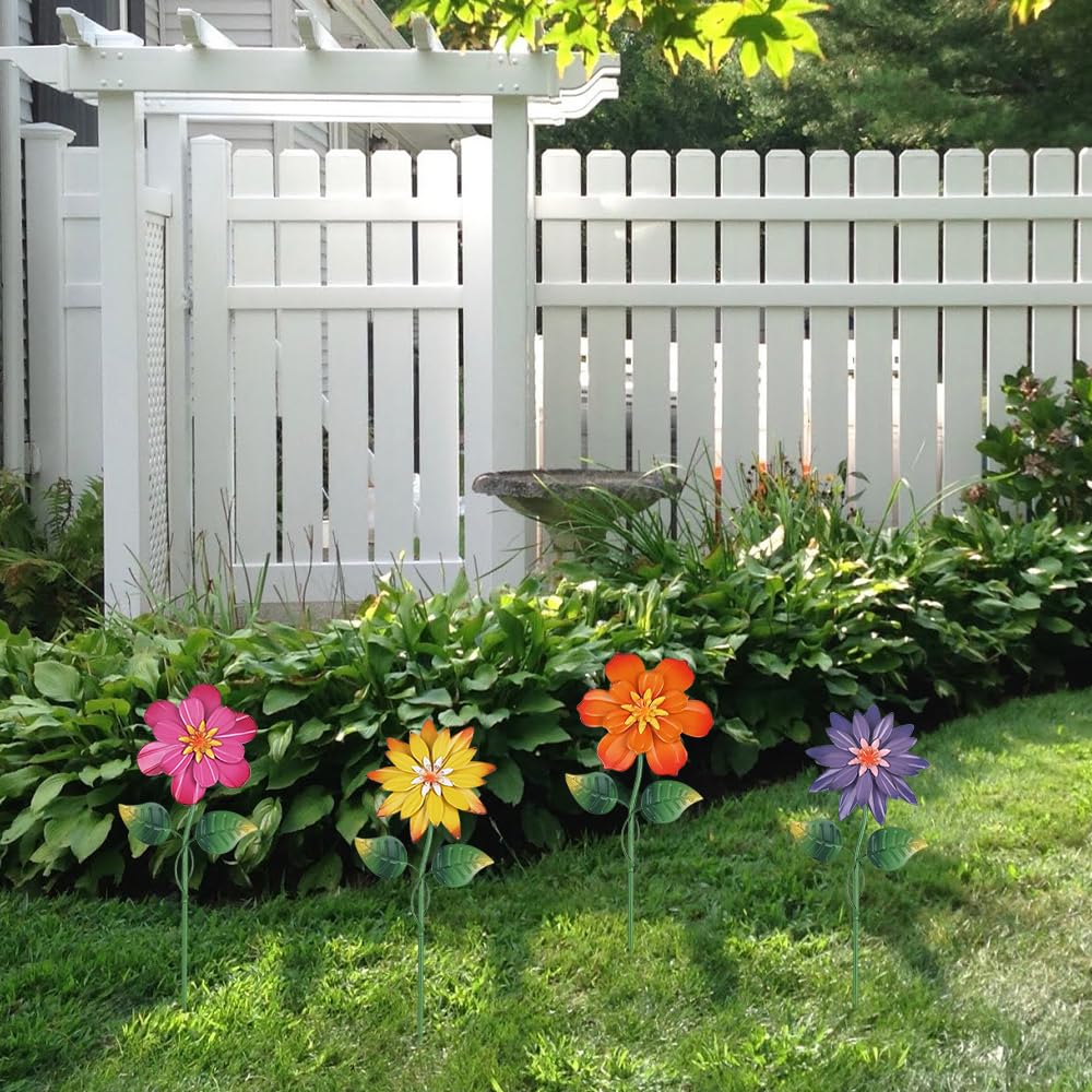hogardeck Metal Flower Decorative Garden Stakes,4 Pcs 19" Outdoor Garden Decor with Shaking Flower Head Yard Stakes, Yard Art Spring Decorations for Patio Lawn (Pink & Yellow & Purple & Orange)