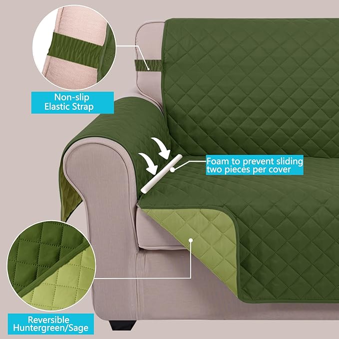 U-NICE HOME 4 Seater Sofa Cover 91 Inch Large Couch Covers for 4 Cushion Couch with Elastic Straps Water Resistant Furniture Protector Cover for Pets Cat (Sofa XX-Large, Huntergreen/Sage)