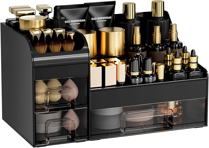 Makeup Organizer with Drawers,Large Cosmetic Storage Box,Countertop Skincare Organizer,ABS Makeup Brush Holder for Bathroom,Desk,Dresser,Multifunctional Beauty Display Case,Black transparent