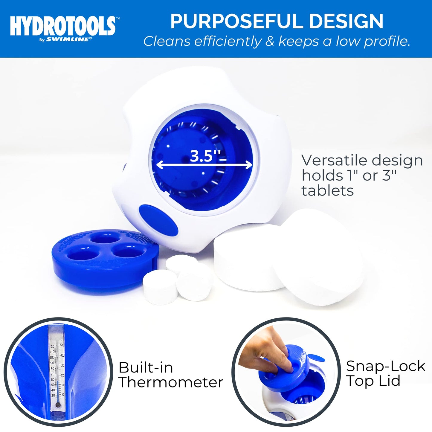 HYDROTOOLS BY SWIMLINE 87400 Large Capacity Pool & Spa Chemical Dispenser Thermometer Combo | Compatible Bromine & Chlorine Supports 1-3’’ Tablets | Adjustable Customizable Flow Rate | Cost Effective