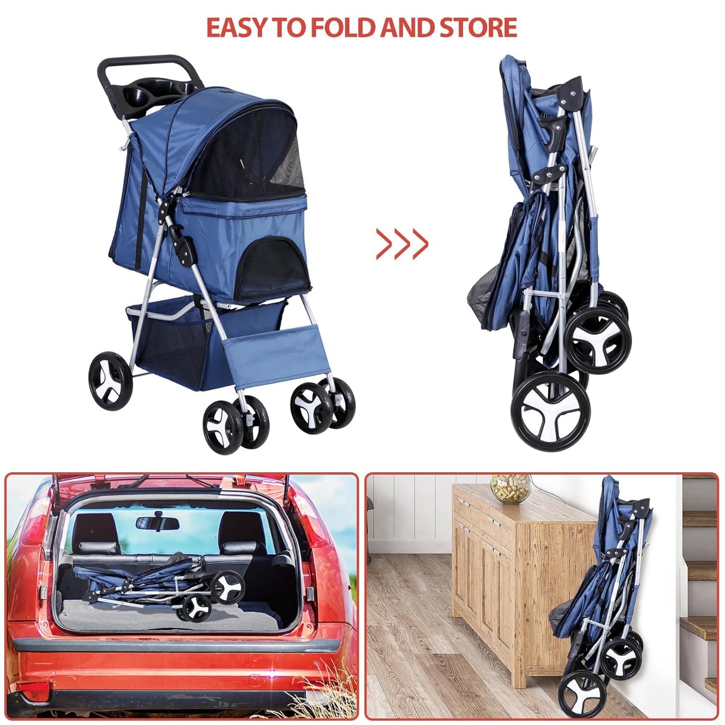 LEMY Pet Stroller,4 Wheels Dog Cat Stroller with Storage Basket&Cup Holder,Folding Dog Cat Cage Jogger Strollers for Small Medium Dogs Cats Travel,Navy Blue