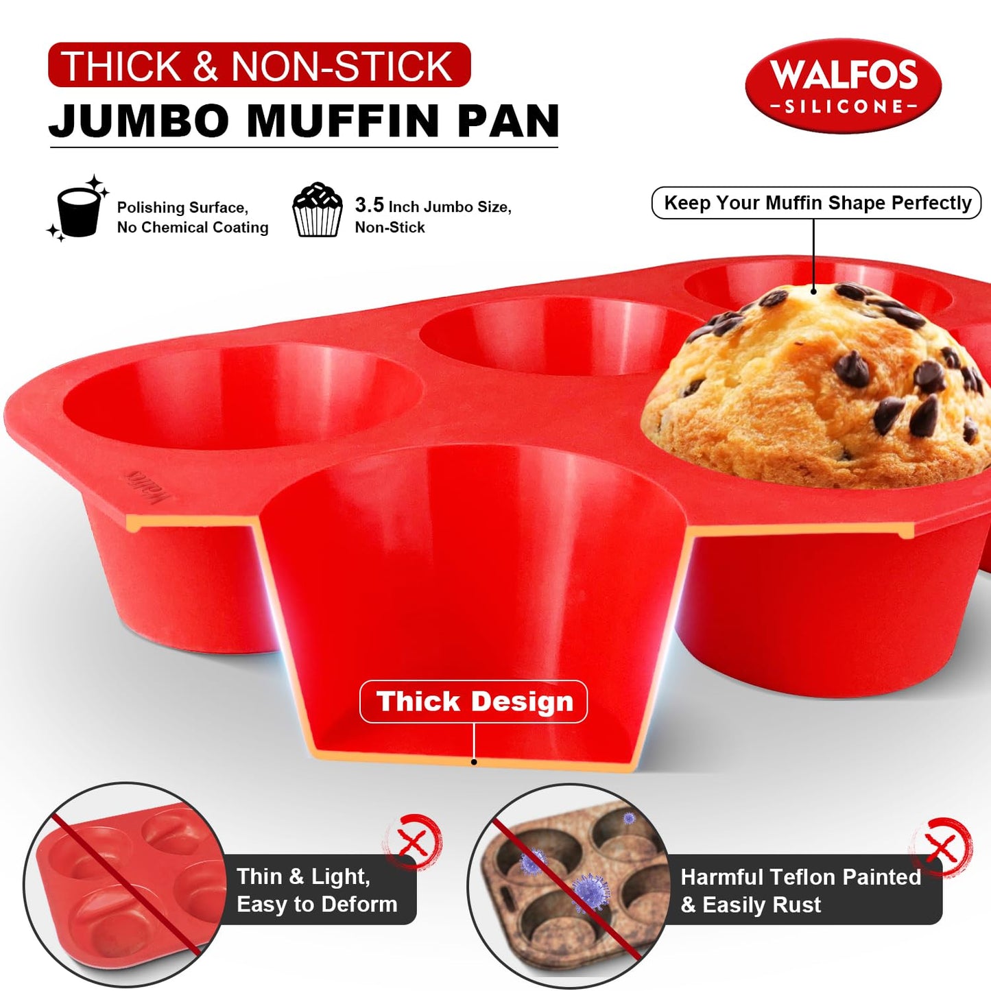 Walfos Silicone Texas Muffin Pan Set- 6 Cup Jumbo Silicone Cupcake Pan, Non-Stick, Just PoP Out! Perfect for Egg Muffin, Big Cupcake - BPA Free and Dishwasher Safe, Set of 2