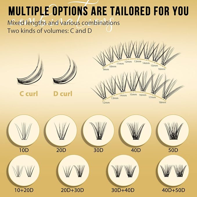 QUEWEL Lash Clusters 320Pcs Cluster Lashes 10D+20D D Curl Lash Cluster Eyelash Extensions Mix9-16mm Individual Eyelashes Clusters Wispy Lash Clusters Thin Band Soft to Use at Home(10D+20D D Mix9-16)