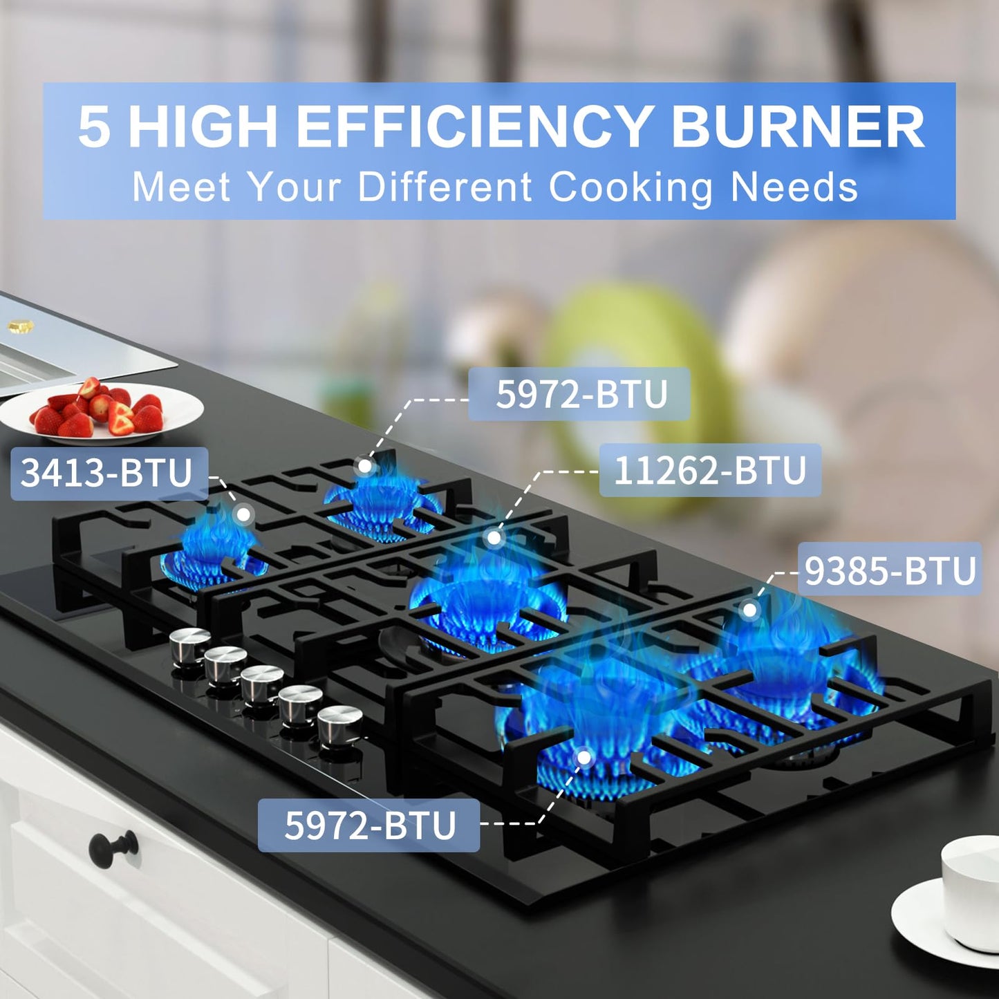Davivy 34 inch Gas Cooktop 5 Burners,Gas Stove Top,Built in All Black Tempered Glass Surface Cooktop - NG/LPG Convertible,Dual Fuel,Thermocouple Protection,CSA Certified,36004 BTU