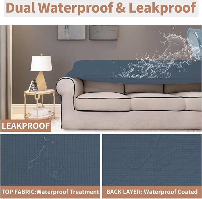Easy-Going 100% Waterproof Couch Cover, Dual Waterproof Sofa Cover, Stretch Jacquard Sofa Slipcover, Leakproof Furniture Protector for Kids, Pets, Dog and Cat (Oversized Sofa, Bluestone)