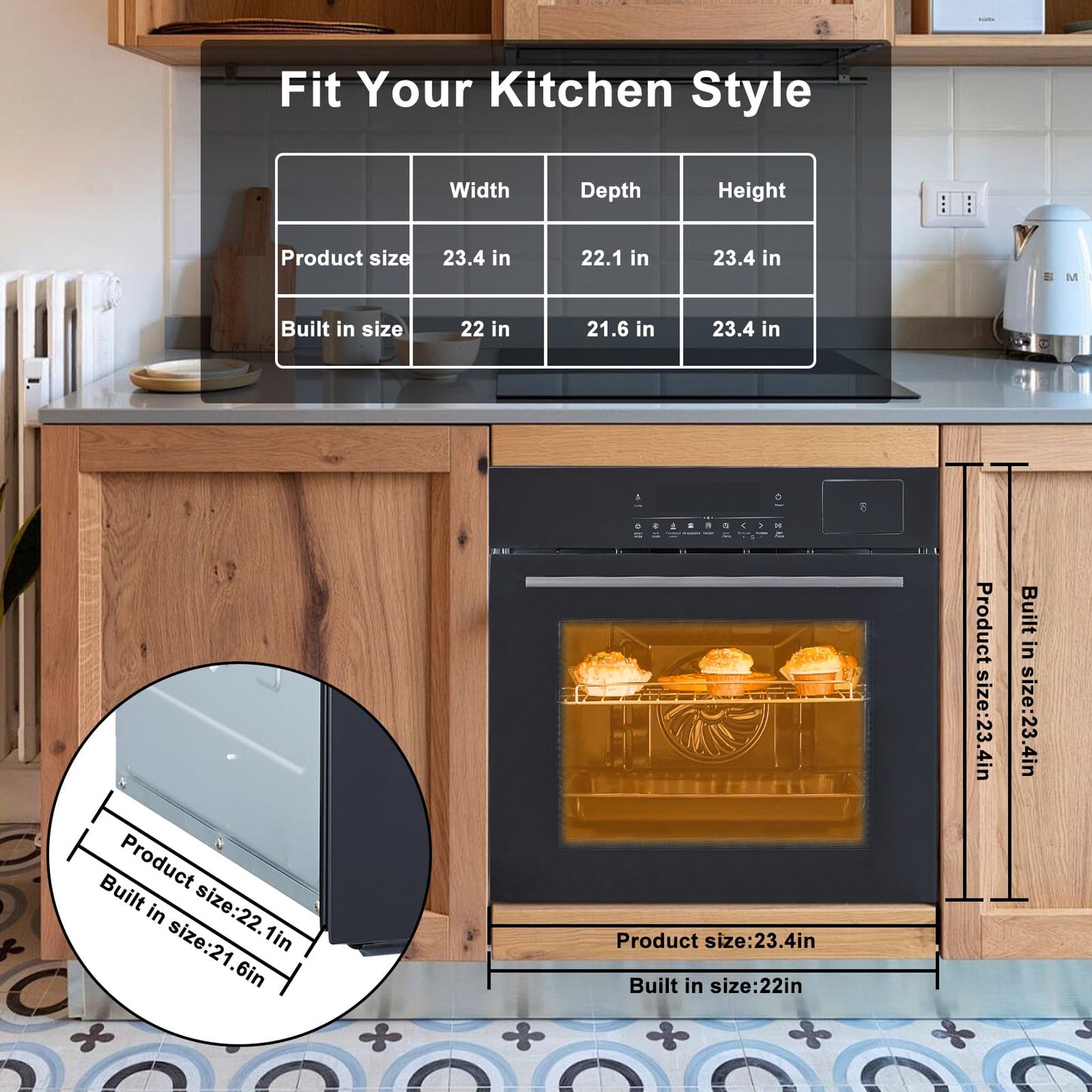24 Inch Electric Wall Oven with Steam & Air Fry, 3000W High Power Convection, 2.5 Cu. ft Compact Built-in, Touch Control Digital Display, Multi-Function Cooking for Apartment, Shed, or Kitchen Remodel