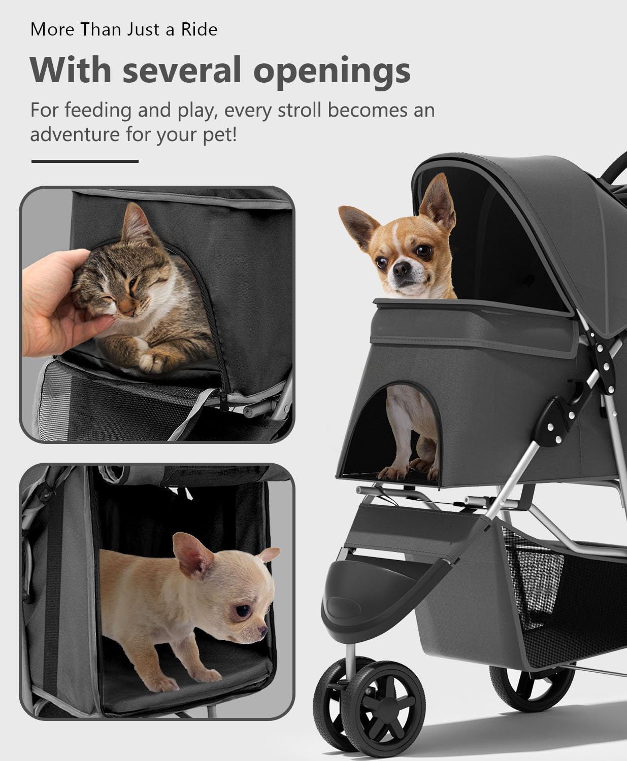 OS MOTOR Pet Stroller with 3 Wheels for Small/Medium Pets, Portable Travel Foldable Carrier Jogger for Dog Cat Puppy Kitty, Rear Wheel Breaks, Storage Basket, Visible Mesh with Weather Cover (Black)