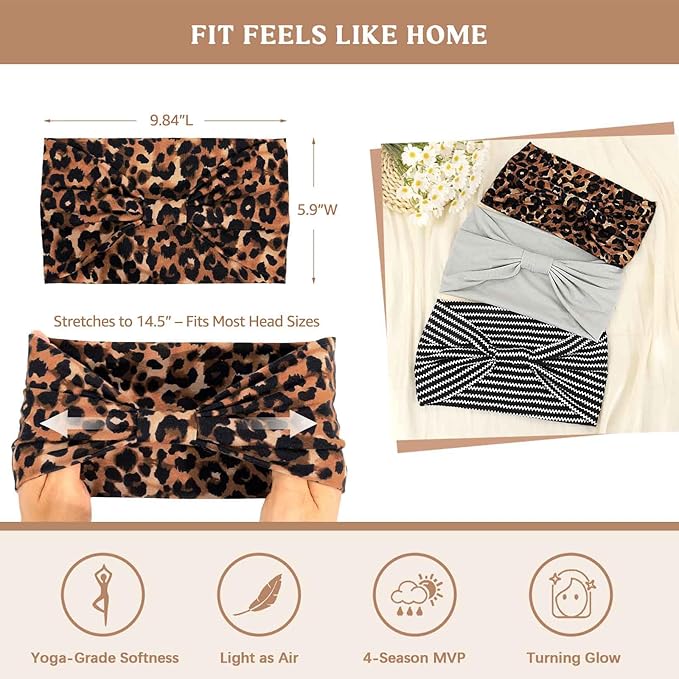 Awumbuk Wide Headbands for Women Knotted No Slip Head Bands Soft Turban Headband Hair Accessories Boho African Solid Color Head Wraps for Women Yoga Workout Pack of 6