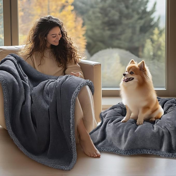 Luciphia Waterproof Pet Blankets, Liquid Pee Proof Dog Blanket for Sofa Bed Couch, Reversible Sherpa Fleece Furniture Protector Cover for Small Medium Large Dogs Cats, Dark Gray King Size（100" x 85"）