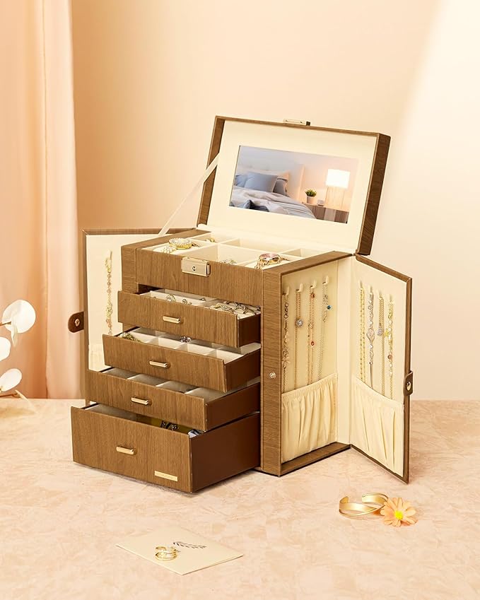 Homde Synthetic Leather Huge Jewelry Box Mirrored Watch Organizer Necklace Ring Earring Storage Lockable Gift Case (Brown + Gold)