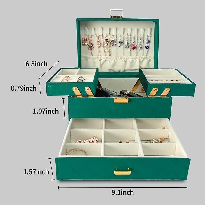 Dajasan Jewelry Organizer Box, Large Velvet Jewelry Boxes for Women Girls, Space-Saving 3 Layers Jewelry Storage Case with Drawer, Movable Metal Stand, Modern, Gift Idea (Green)