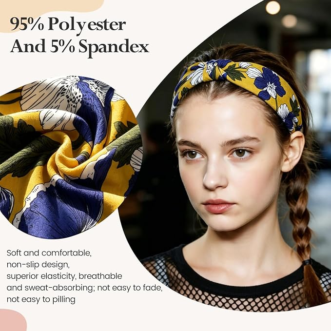 HSEM Headbands for Women 6-Pack – Boho Flower Wide Head Bands, Non-Slip Thick Hair Bands – Large Knotted Soft Stretchy Sweatbands for Workout, Washing Face, Makeup, Running, Spa & Yoga