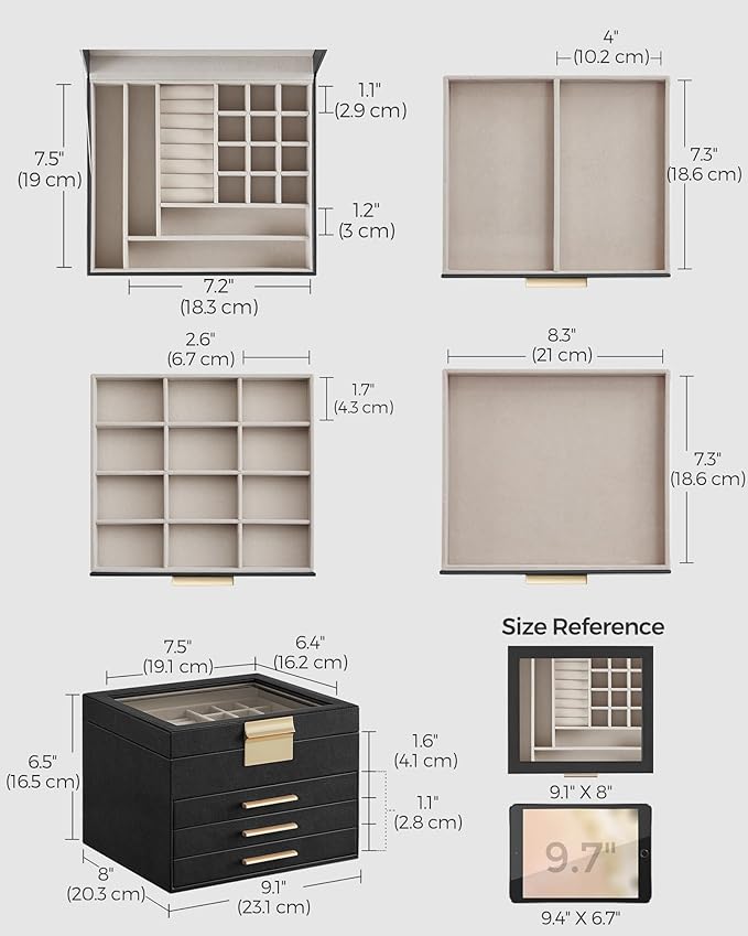 SONGMICS GISELLA Collection - Jewelry Box Organizer, 4-Layer Jewelry Storage with 3 Drawers, Shiny Metal Hardware, Glass Lid, Modern, 8 x 9.1 x 6.5 Inches, Ink Black and Gold Color UJBC173B01