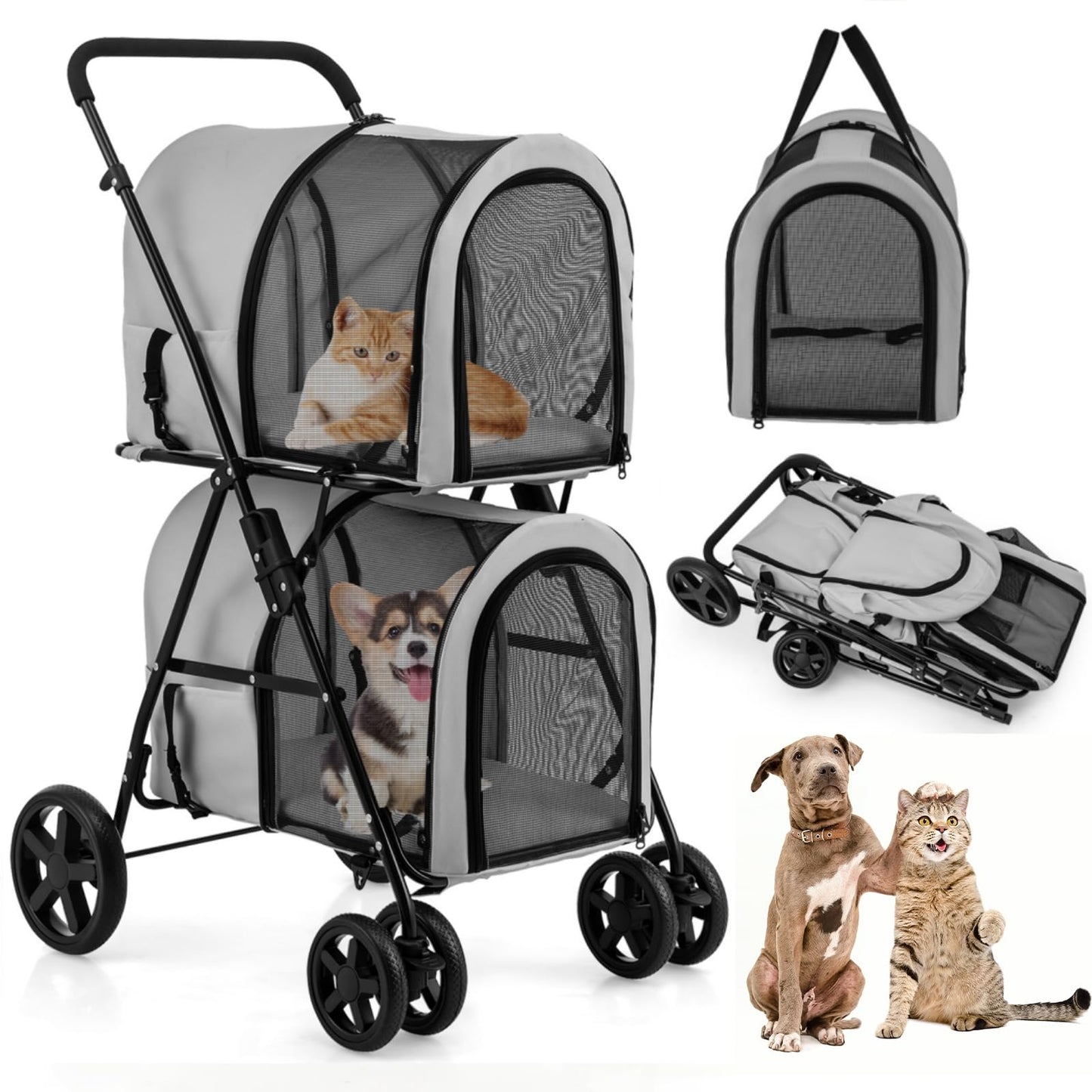 HAPPAWS Dog Stroller with 2 Detachable Carrier, Pet Stroller for Small Medium Dogs Cats, Jogger/Travel/Camping, 4-in-1 Doggy Pet Carrier, Carrier Strolling Cart with Lockable Wheels (Gray)