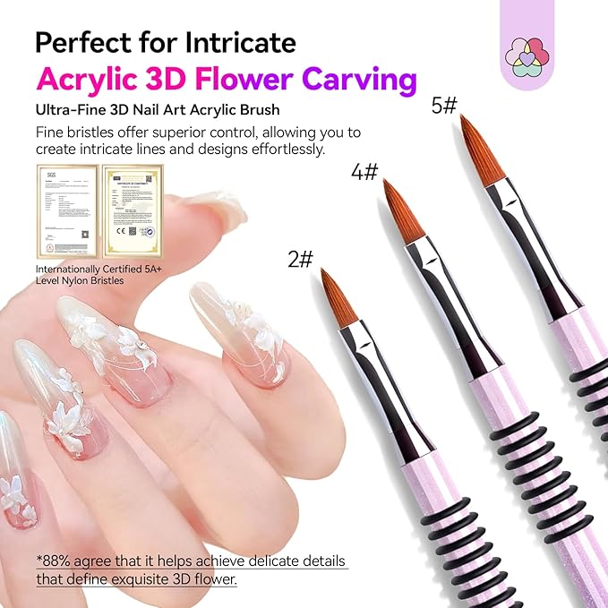 SAVILAND 3D Acrylic Nail Art Brush Set: 3Pcs Professional Kolinsky Sculpture Brushes Sizes 2/4/5 Purple-Pink Gradient Non-Slip Grip Handle for Acrylic Application 3D Flower Designs Home DIY