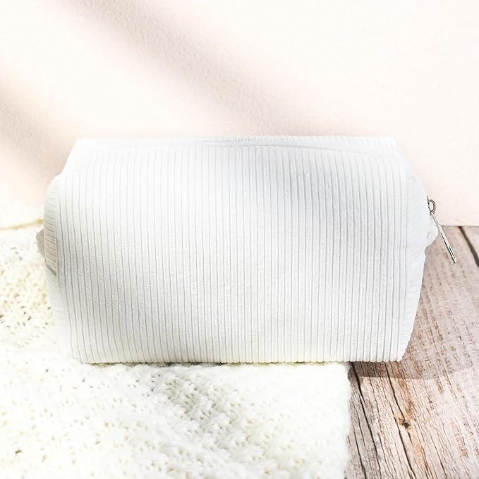 SOIDRAM 2 Pcs Corduroy Makeup Bag Large Cosmetic Bag Toiletry Bag Makeup Pouch Travel Bag Organizer Cute Makeup Brushes Aesthetic Accessories Storage Bag for Women White