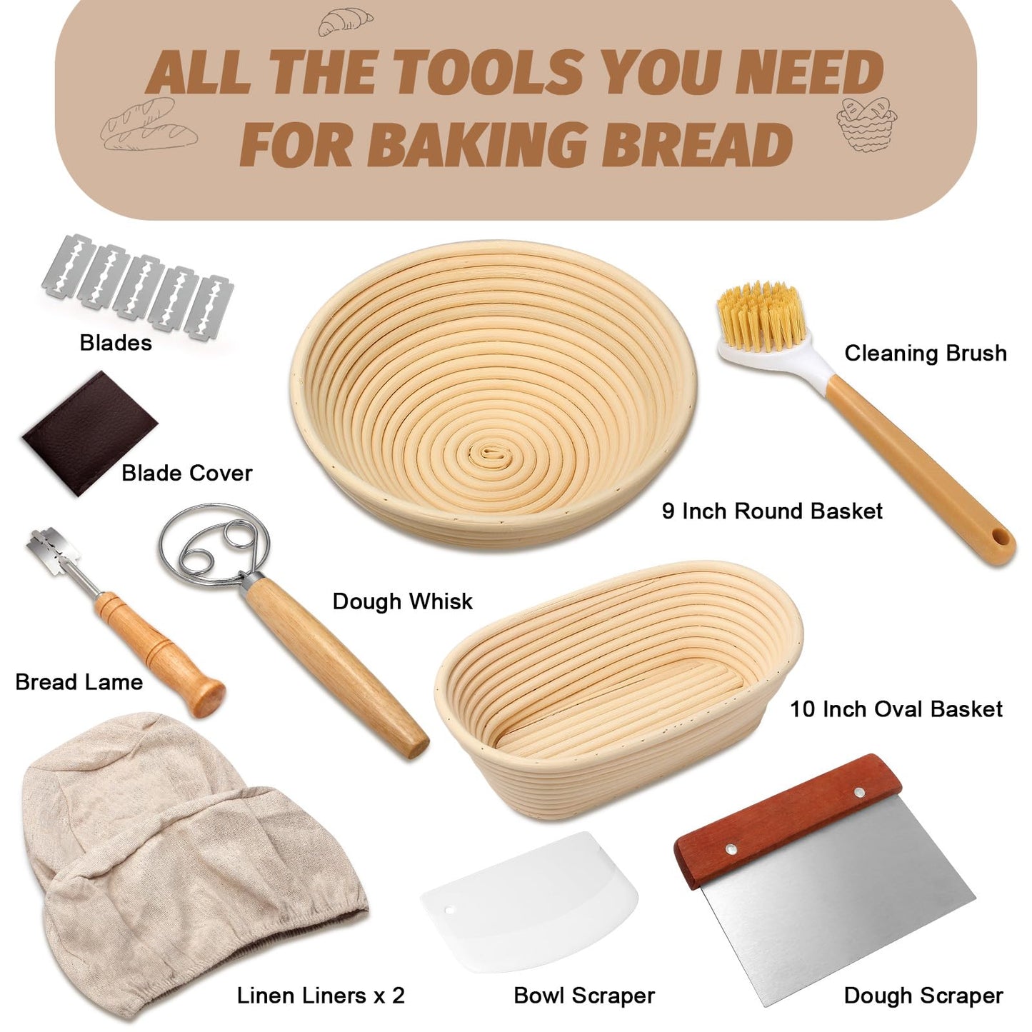 Sourdough Proofing Basket Gift Set, 9" Round and 10" Oval Banneton Bread Baking Supplies, Sourdough Baskets with Bread Lame, Danish Whish, Bowl Scraper, Sourdough Scraper, and Linen Liners