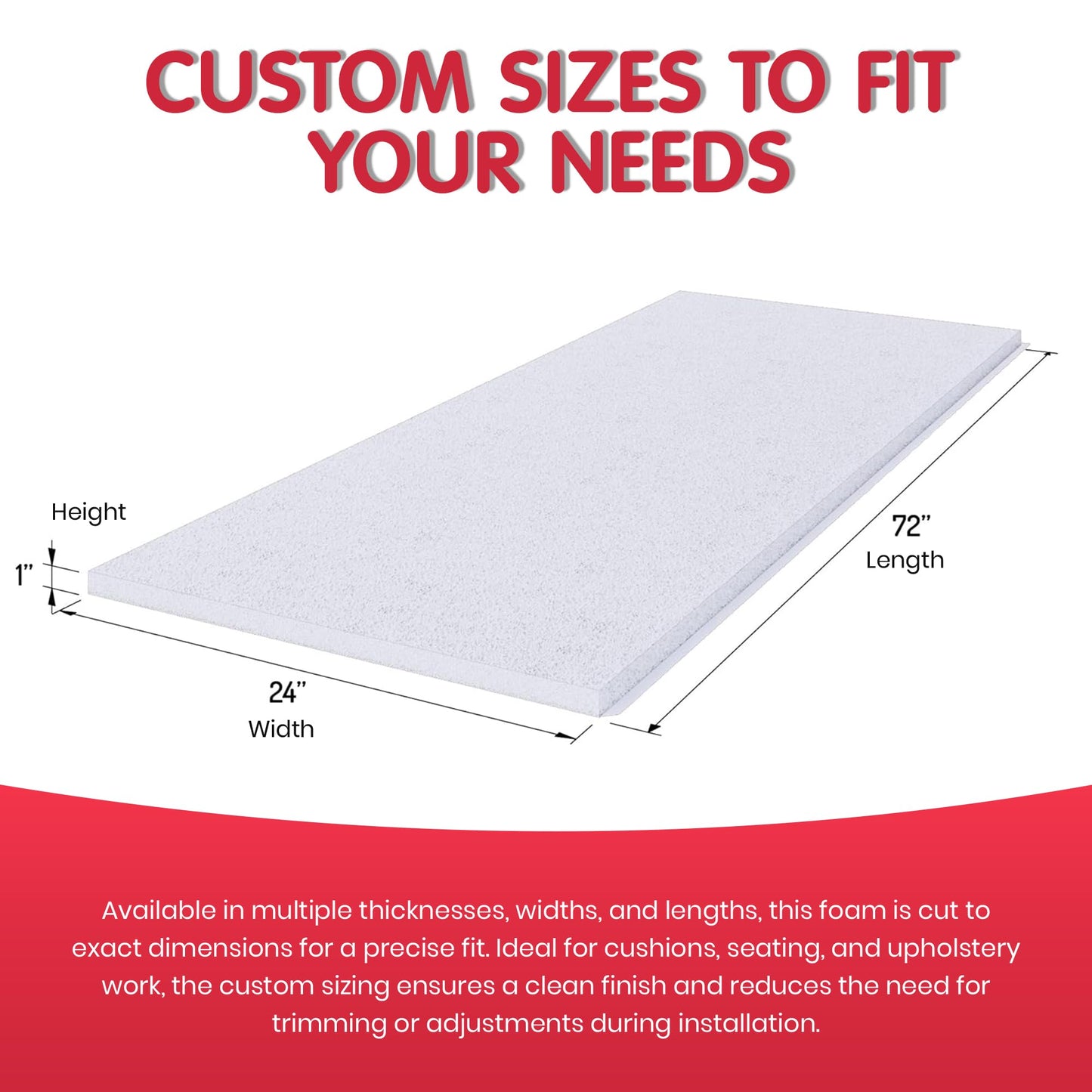FOAMYFOAM 5Pack High Density 1 inch Thick, 24 inch Wide, 72 inch Long Upholstery Foam, Cushion Replacement