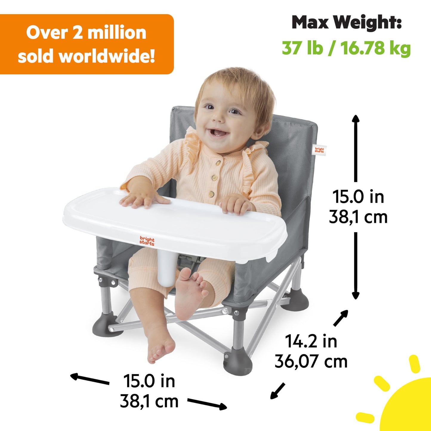 Bright Starts Pop 'N Sit Portable Booster, Indoor/Outdoor Use, Floor Seat with Feeding Tray, Grey, 6 Mos - 3 Yrs