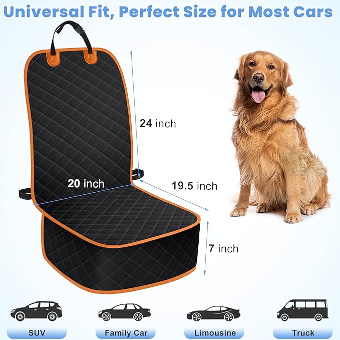 Dog Car Seat Covers, Waterproof Front Seat Cover for Dogs, Scratch-Proof, Nonslip Pet Passenger Seat Cover Protector, Universal Fit for Cars Trucks SUVs, Standard Size, Black with Orange